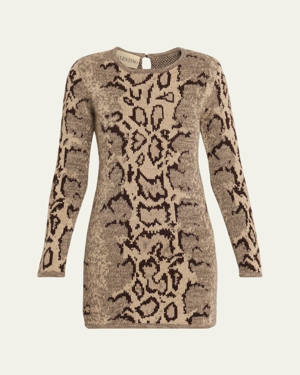 Ocelot Cashmere Long-Sleeve Mini Sweater Dress